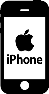 A black and white icon of an iphone with an apple logo on the screen.