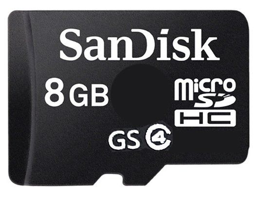 A black sandisk 8 gb micro sd card