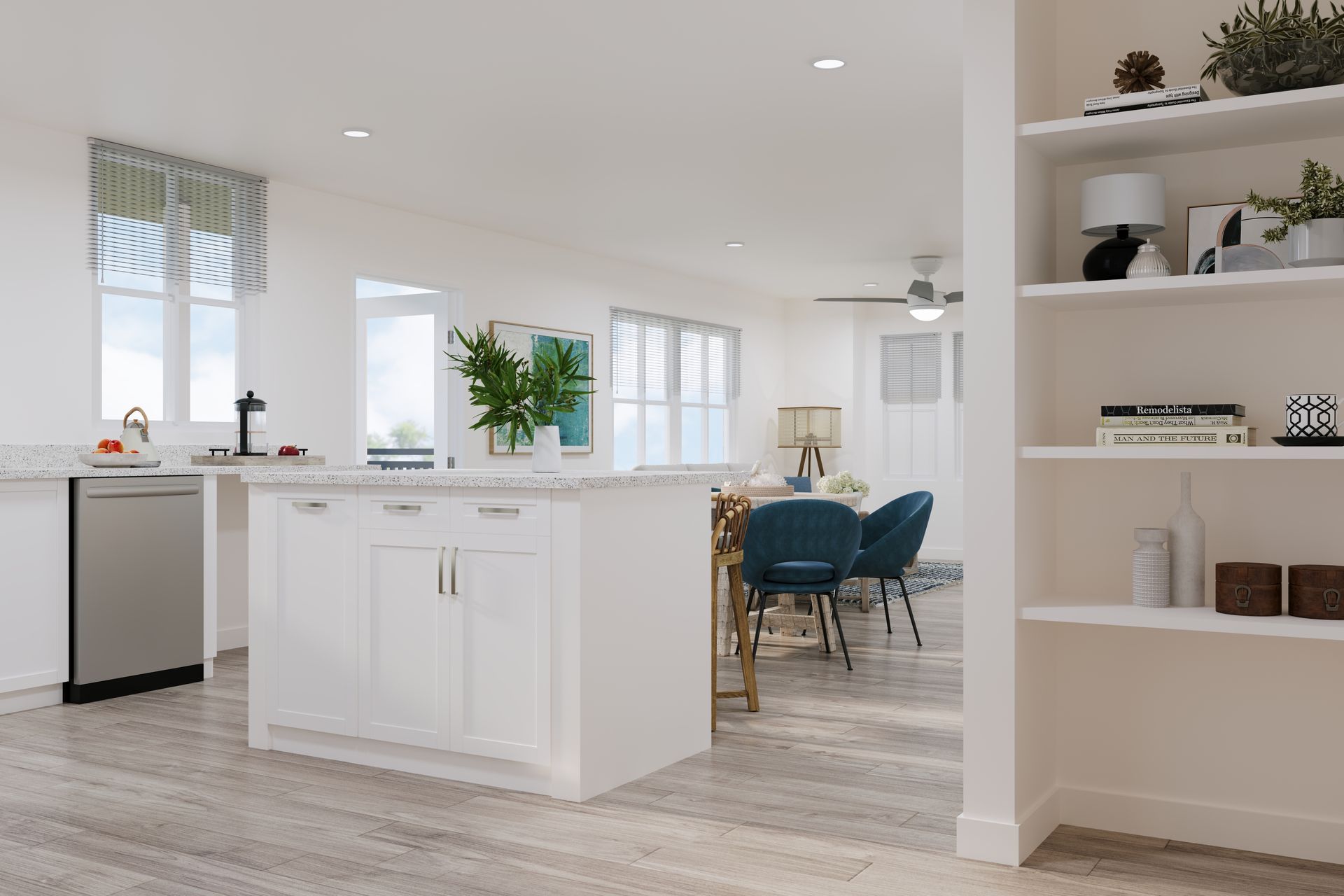 Bright white kitchen and dining area with island, blue chairs, and open shelving