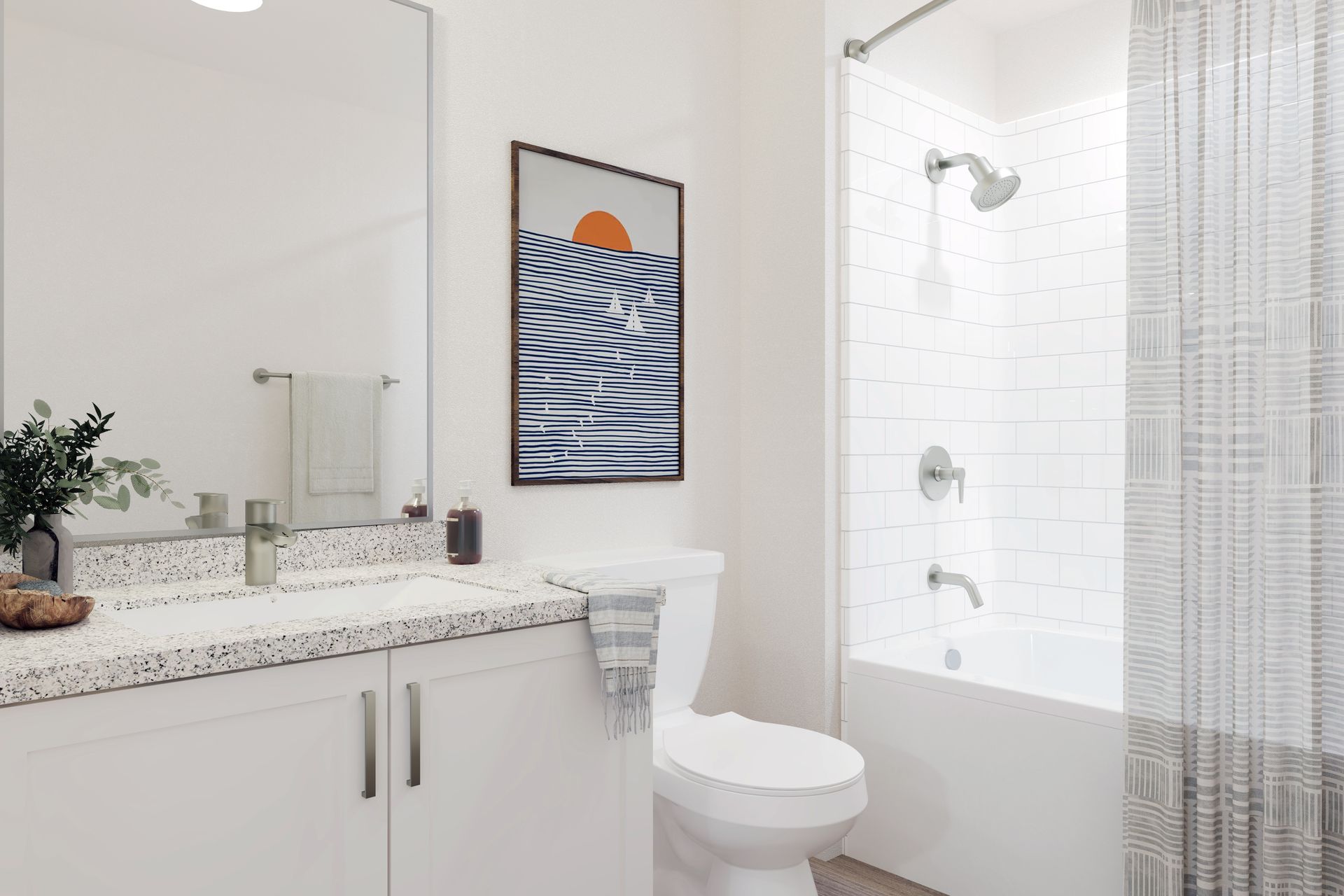 Bright modern bathroom with white vanity, mirror, toilet, and shower curtain.