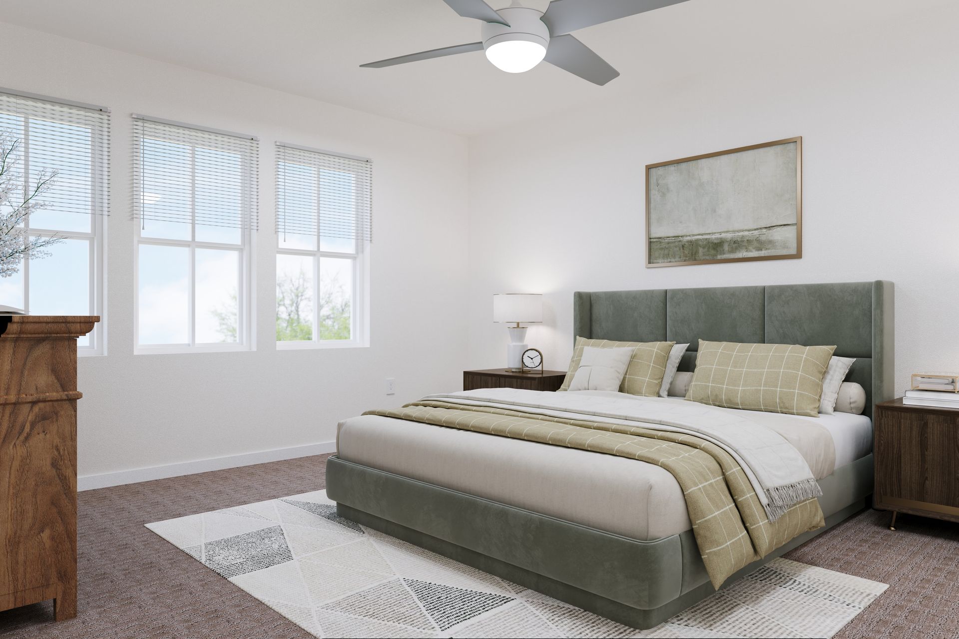Bright bedroom with a green bed, nightstands, windows, carpet, and ceiling fan