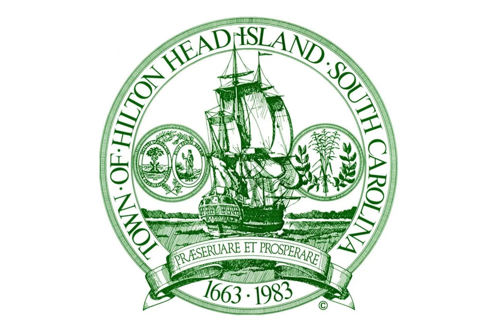 Green seal for Town of Hilton Head Island, South Carolina, with ship and 1663–1983 banner
