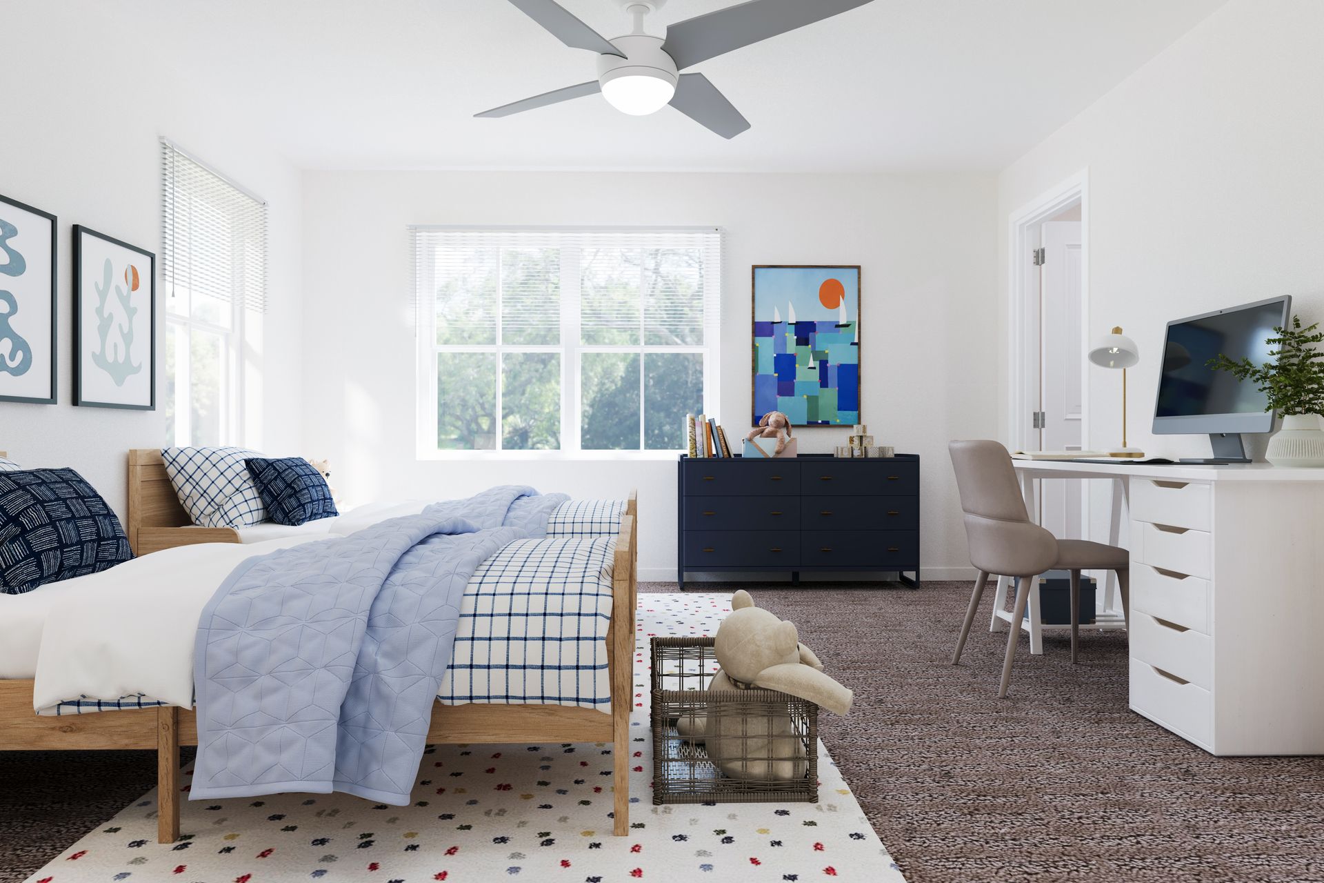 Bright white bedroom with bed, dresser, desk, patterned rug, ceiling fan, and blue accent art