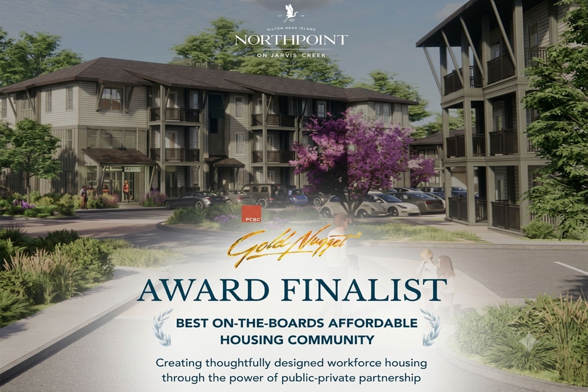 Award finalist for best on-the-boards affordable housing community, with apartment renderings and text