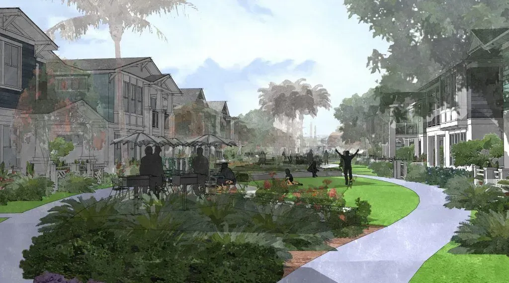 Landscaped urban park with winding path, people walking, and modern buildings under trees