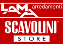 Logo rosso con le scritte “LAM arredamenti” e “SCAVOLINI STORE” su sfondo bianco e rosso.