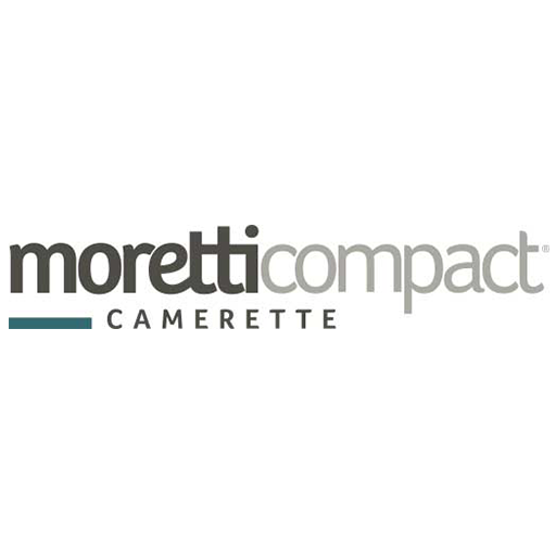 Logo Moretti Compact Camerette in grigio e verde acqua su sfondo bianco.