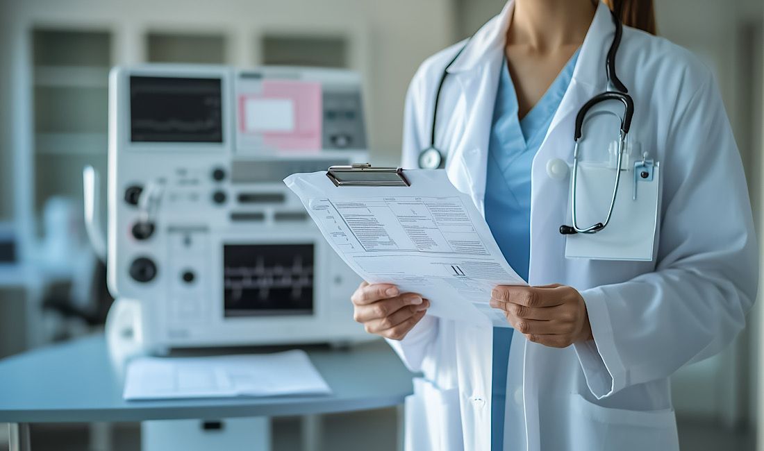 Medical records are becoming for digitized throughout healthcare, female nurse reviewing patient's medical records.