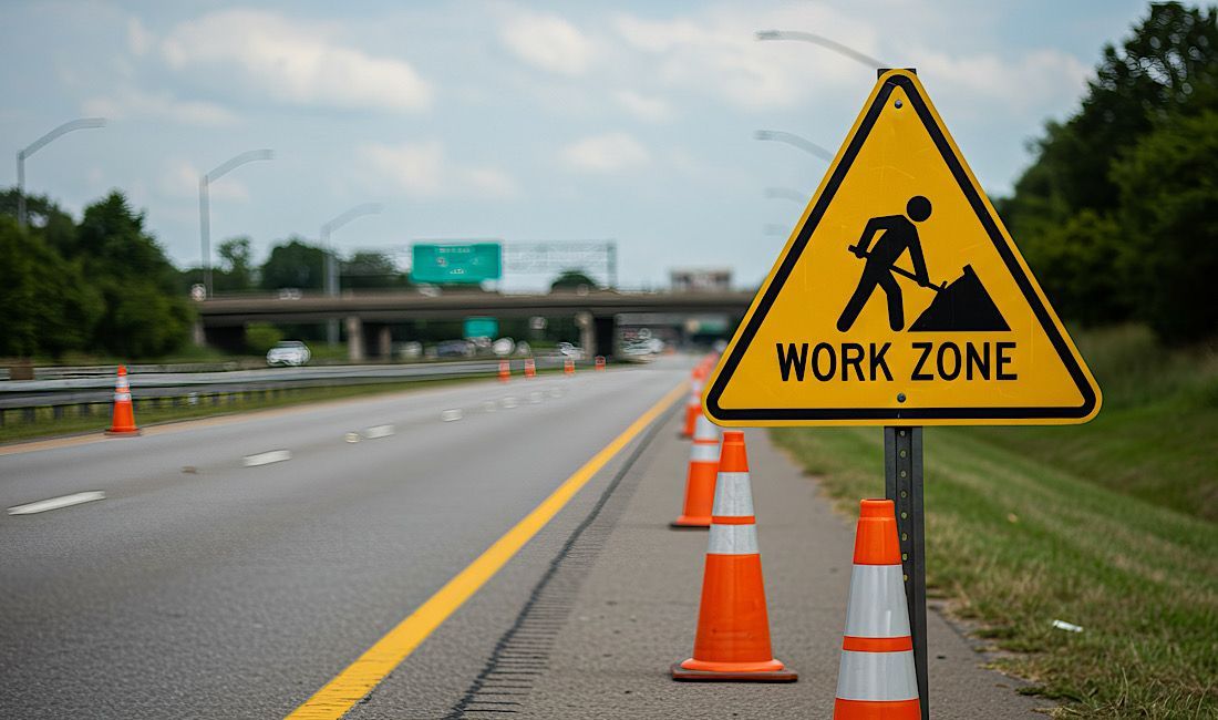 Work Zone signage on the highway alerting drivers that they are entering a work zone and need to slow down.