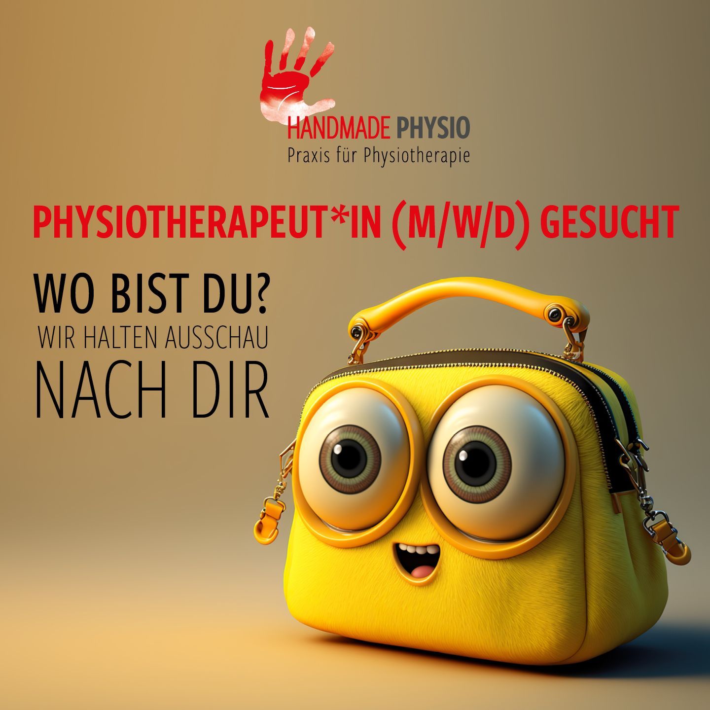 Stellenanzeige: ein fröhlicher gelber Minion  mit großen Augen als Handtasche 