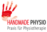 Logo roter Handabdruck und moderne Schrift in rot und dunkelgrau Handmade Physio Praxis für Physiotherapie