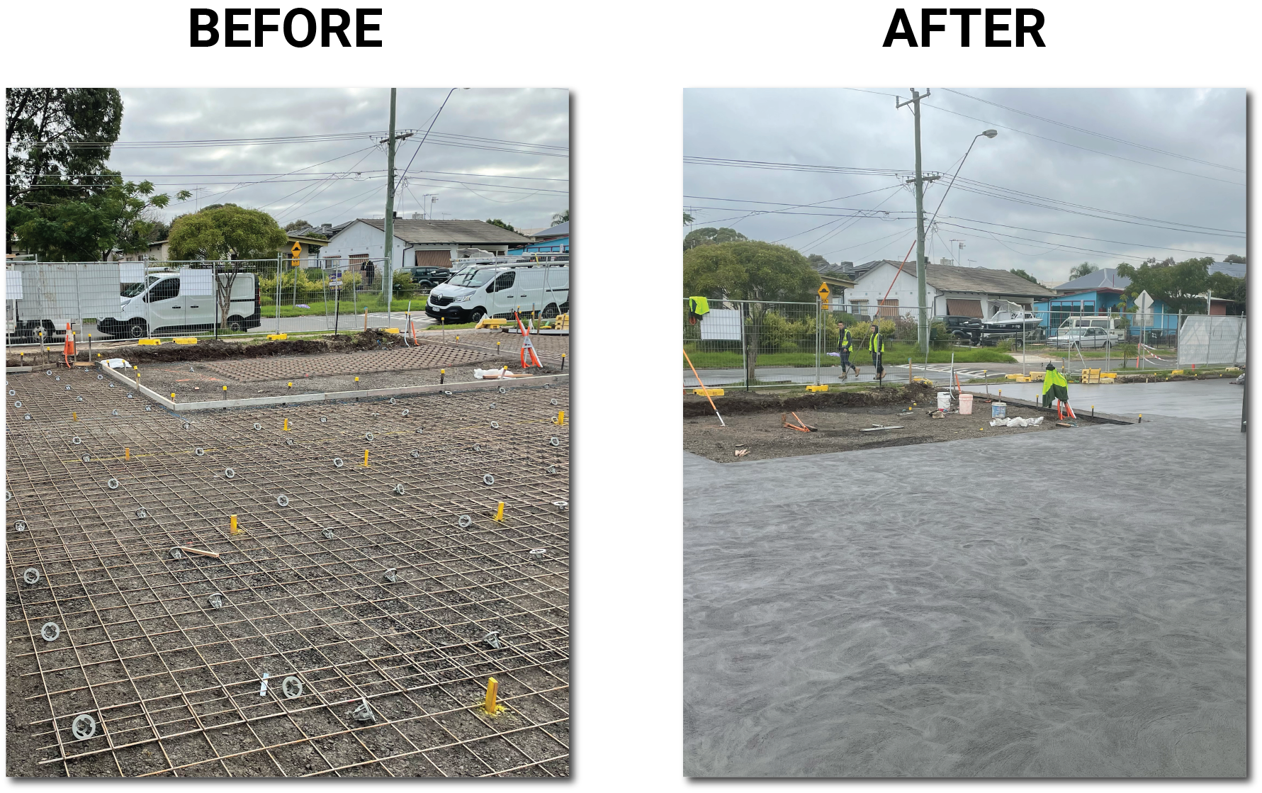 A before and after picture of a driveway and a house