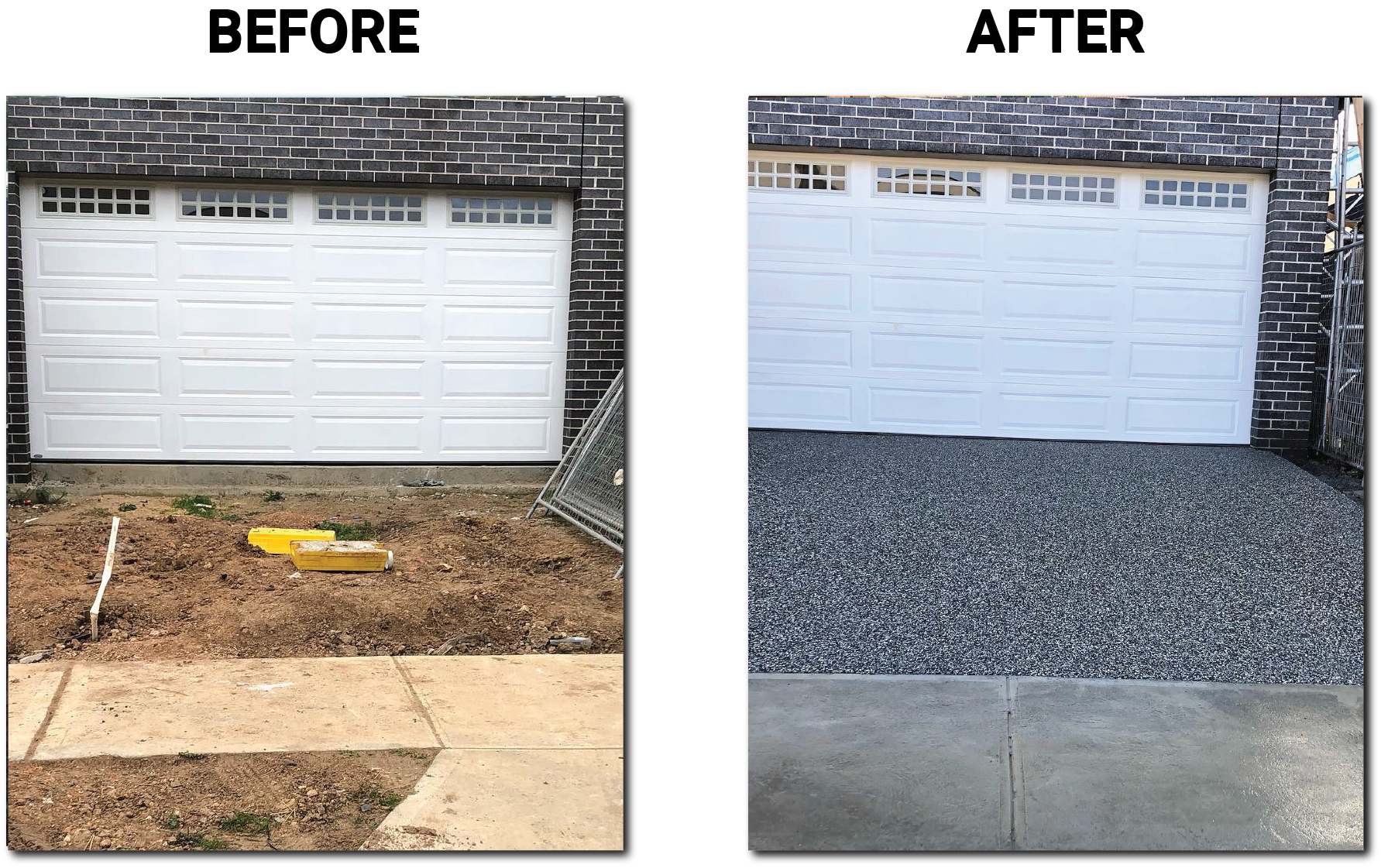 A before and after picture of a driveway and a house
