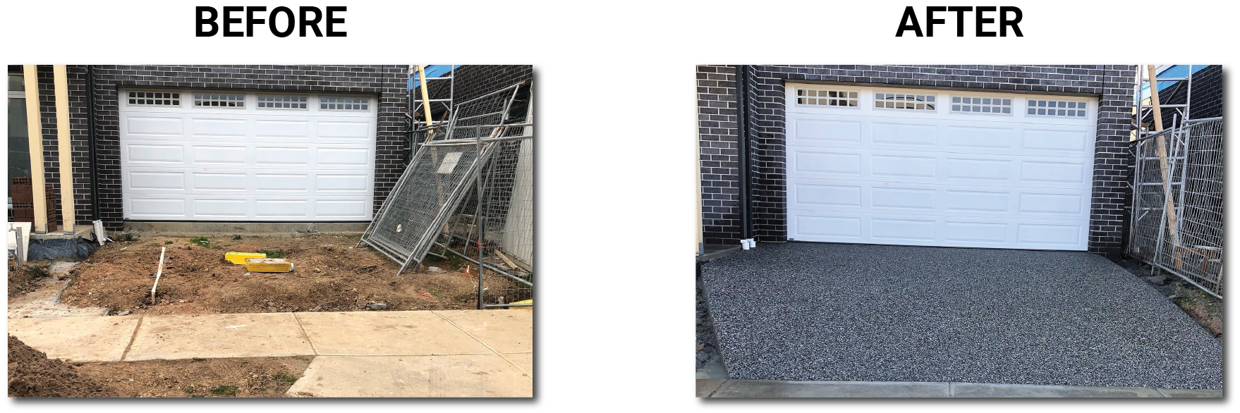 A before and after picture of a driveway and a house