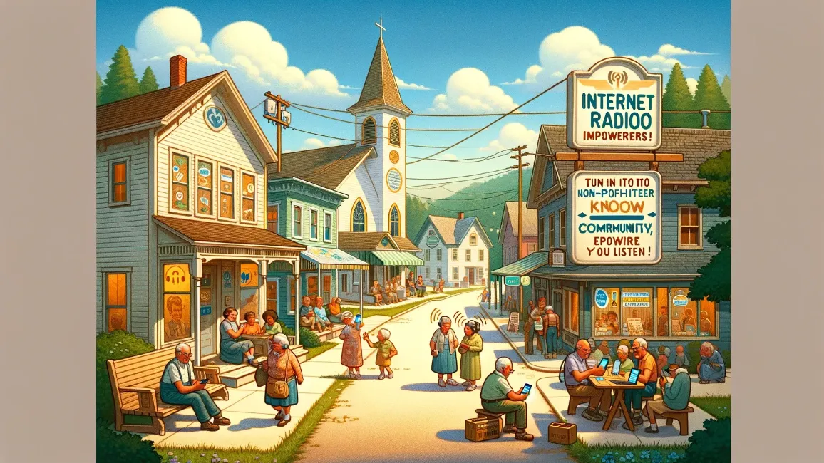 a painting of a small town with a sign that says internet radio