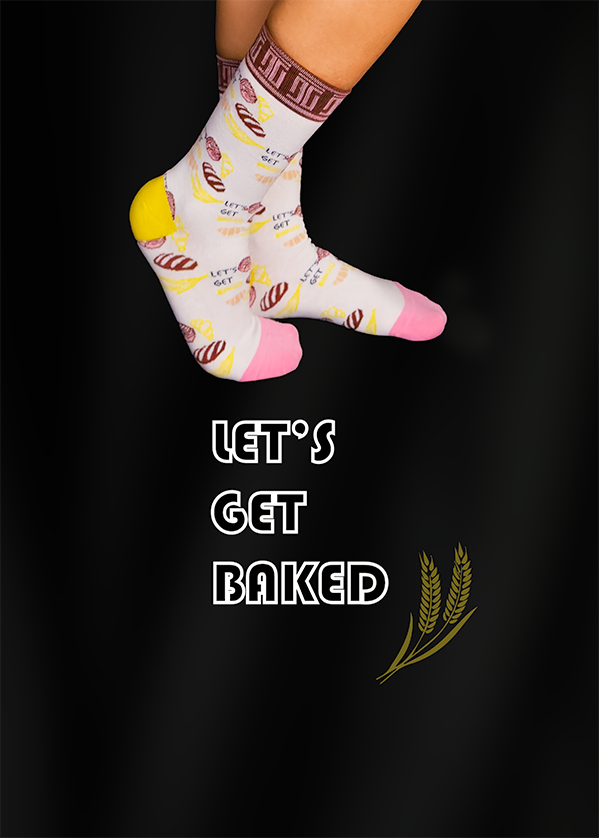 Person wearing white socks patterned with bread, over a black background with text