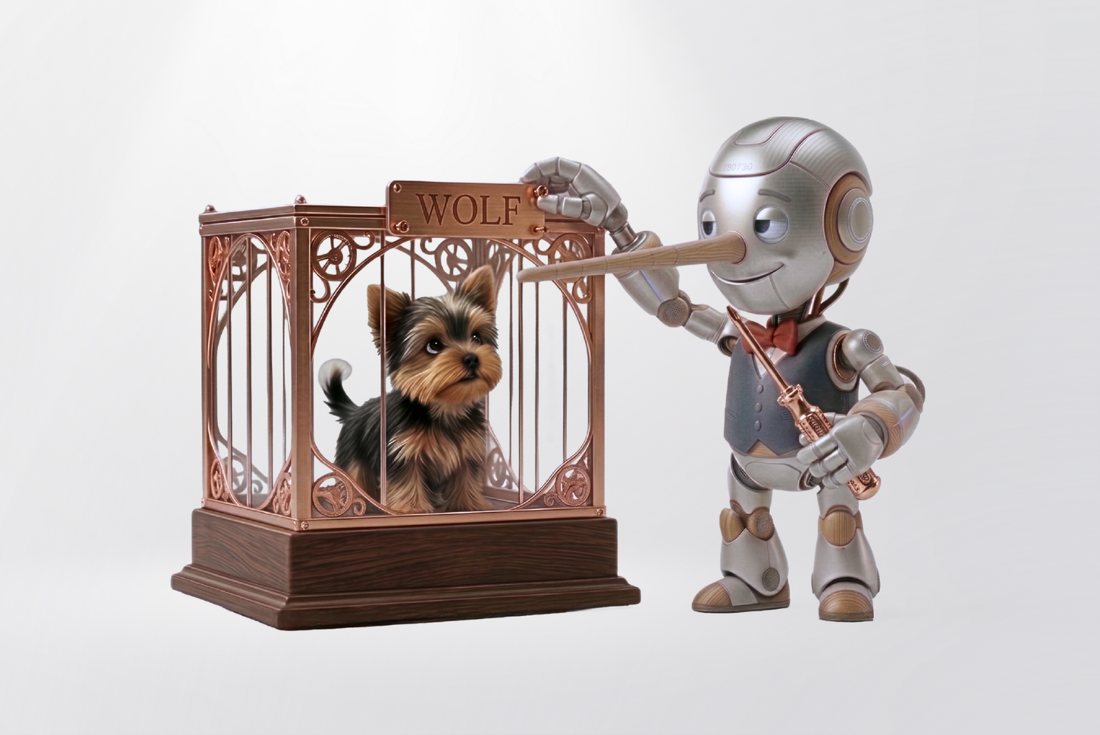 AI robot standing beside a small dog in a cage labeled wolf.