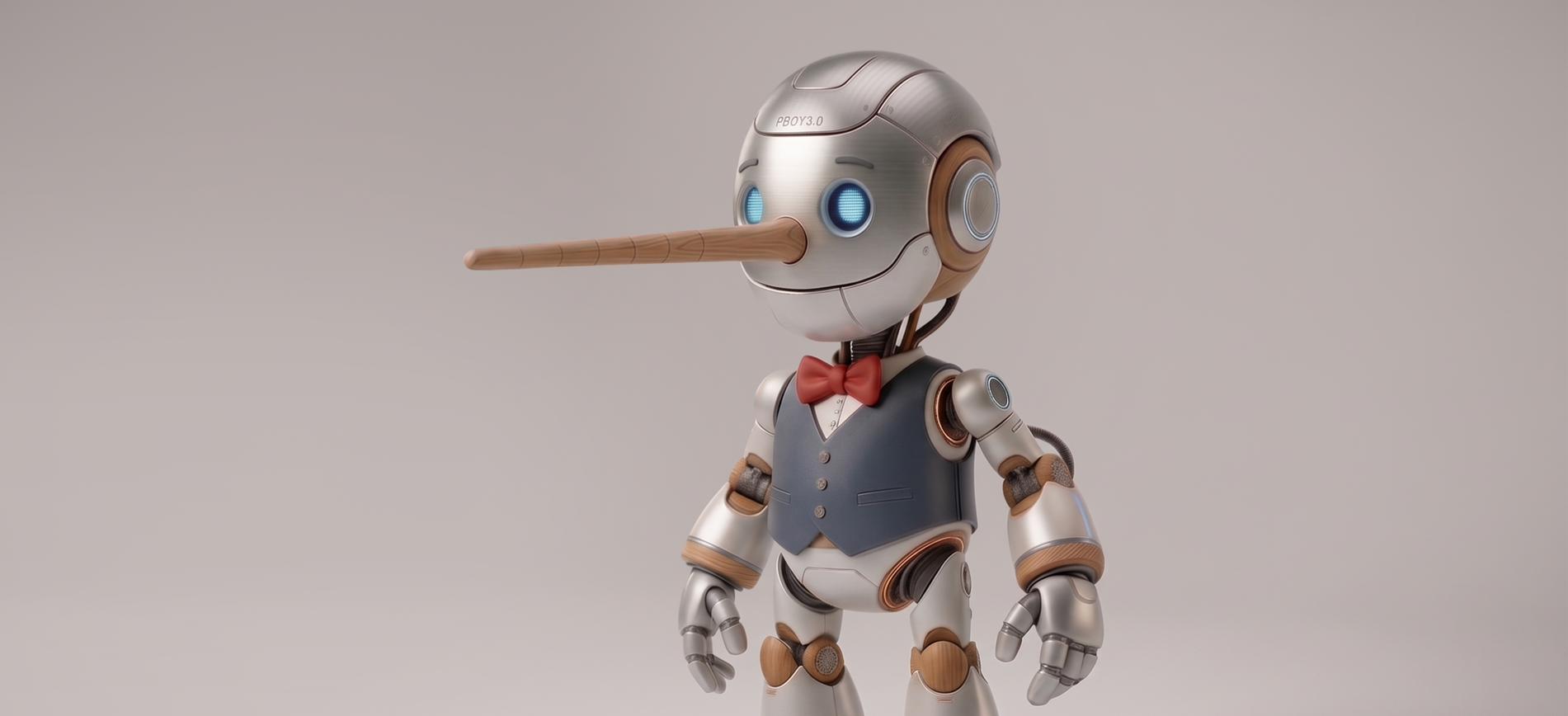 Robot with a long wooden nose on a gray studio background