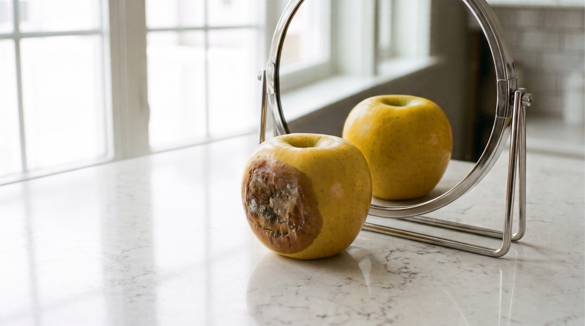 Apple in good condition looking at itself in the mirror while its back is rotten. 