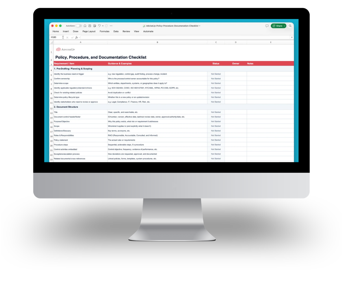 Policy, Procedure, and Documentation Checklist being viewed on a computer screen.