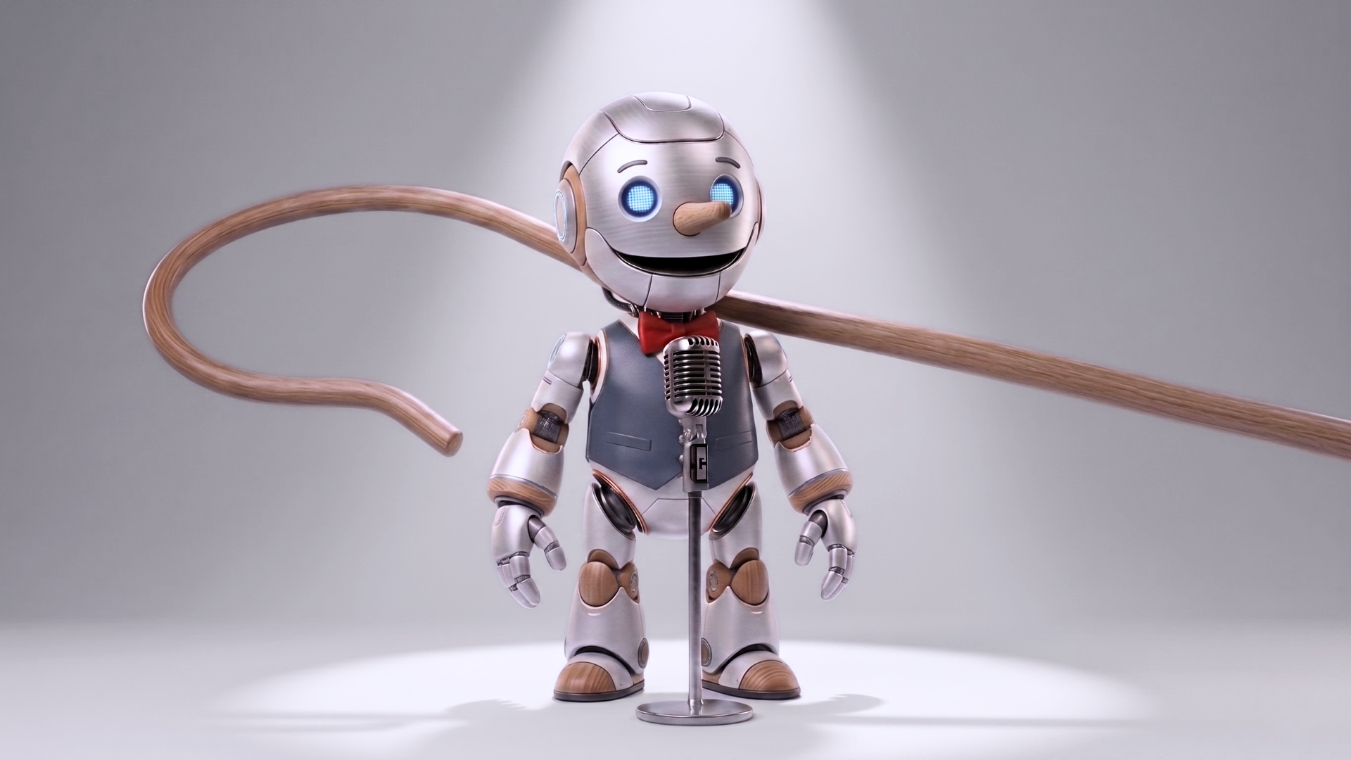 AI robot performing on stage about to be pulled off with a stage hook.