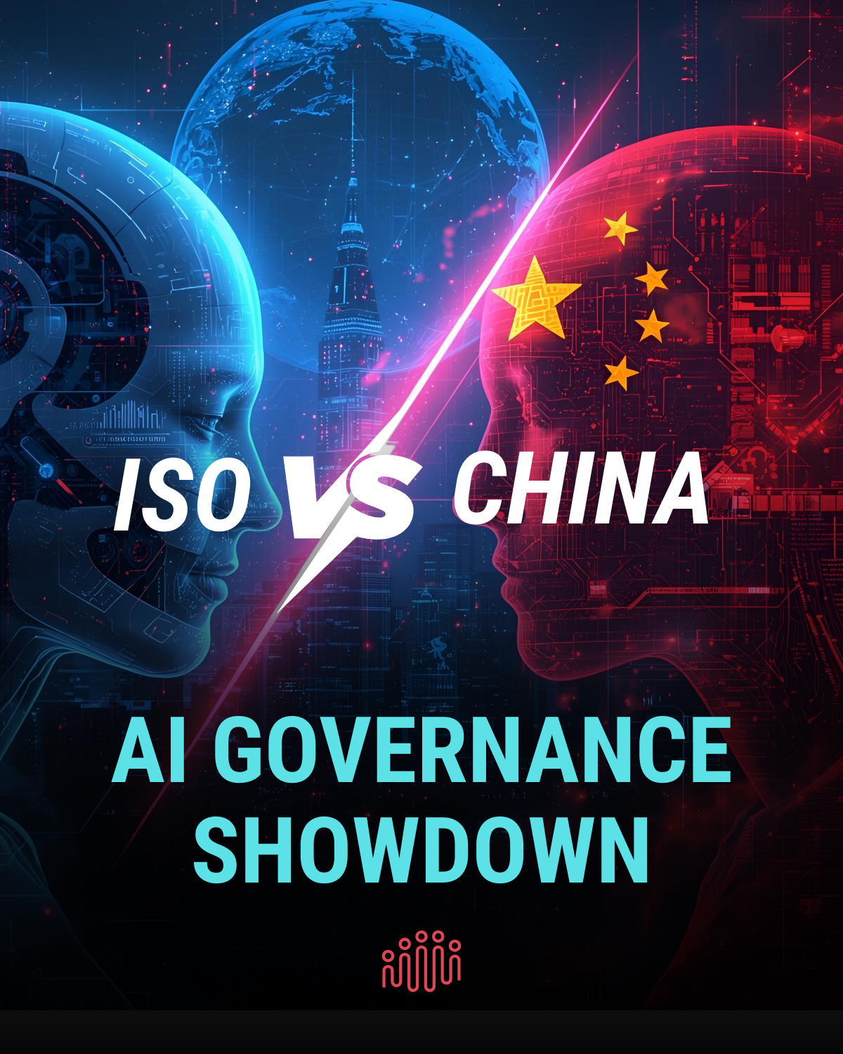 Slide titled "AI Governance Showdown: ISO vs China"