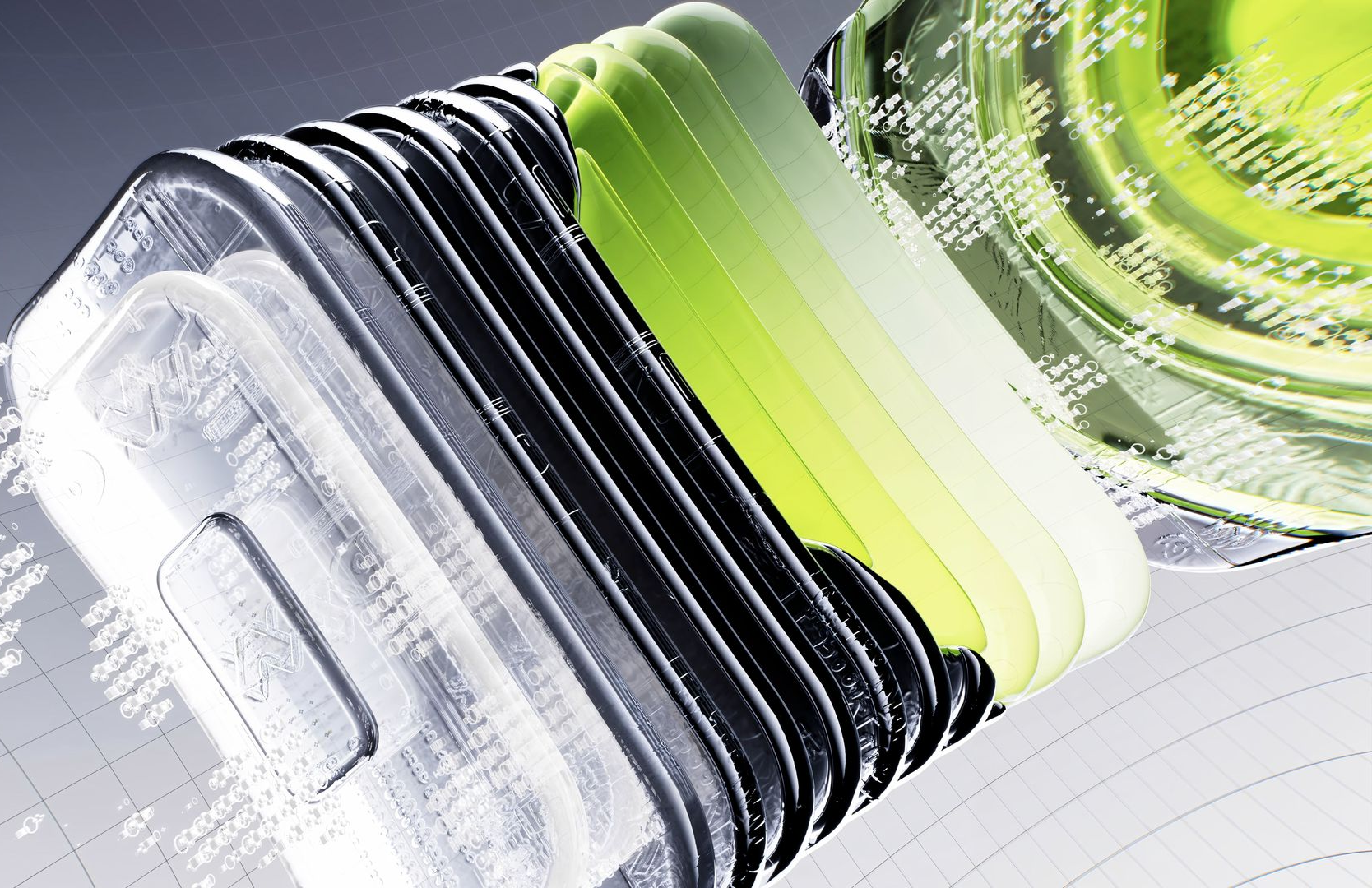 Abstract stack of translucent glass-like panels in black and lime green on a white background