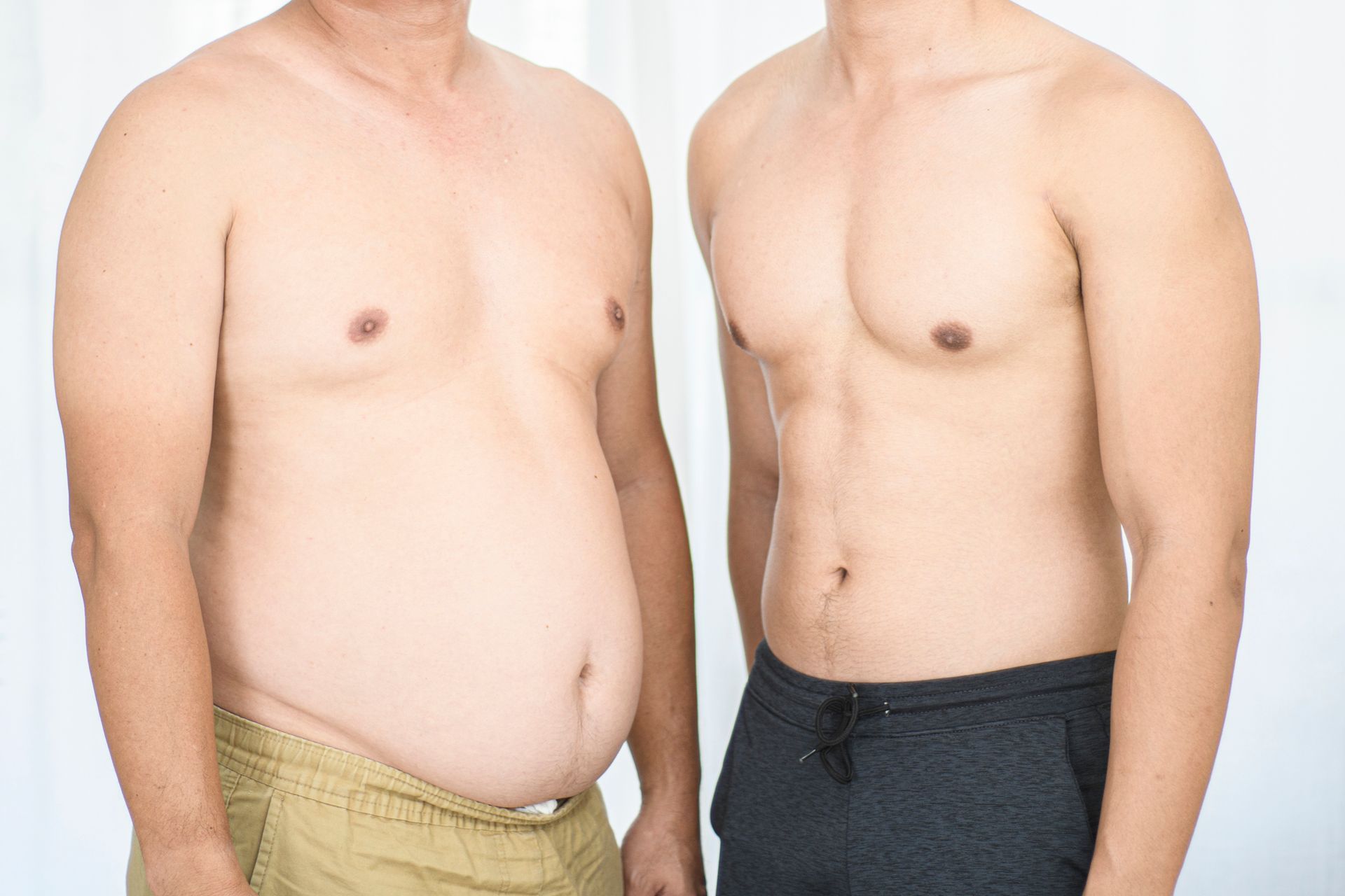 Two torso-up views of bodies with different levels of muscle definition and body fat, shown side-by-side against white.
