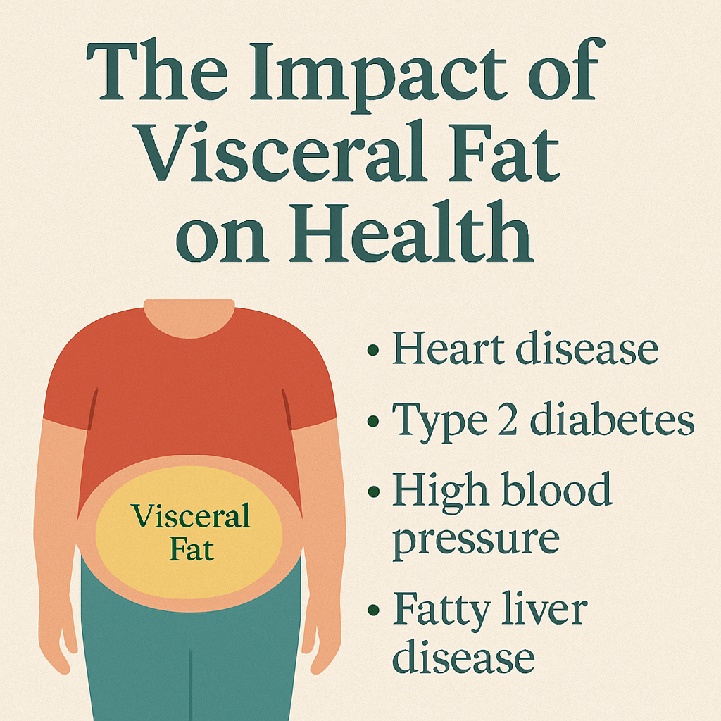 Infographic showing visceral fat's location and its link to heart disease, type 2 diabetes, high blood pressure, and liver.