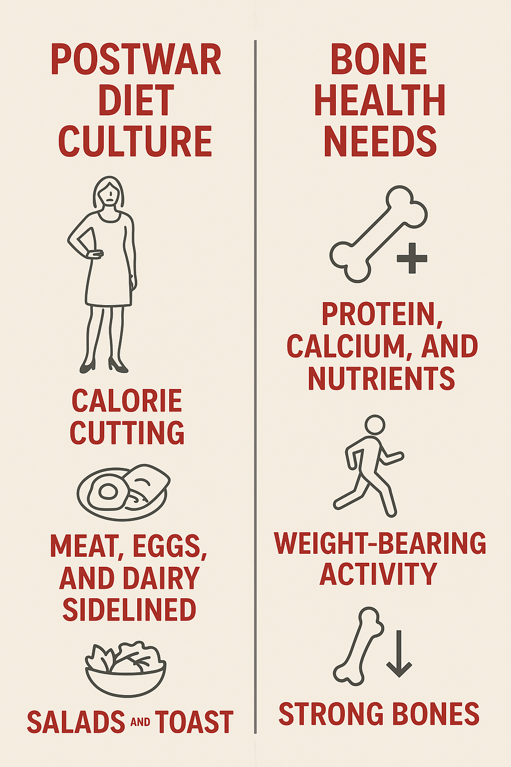 Infographic comparing postwar diet culture, which focused on calorie restriction, to modern requirements for bone health.