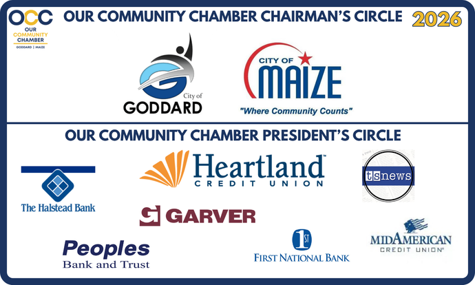 Our Community Chamber Chairman's & President's Circle 2026 with logos: Goddard, City of Maize, First National Bank, The Halstead Bank, Garver.