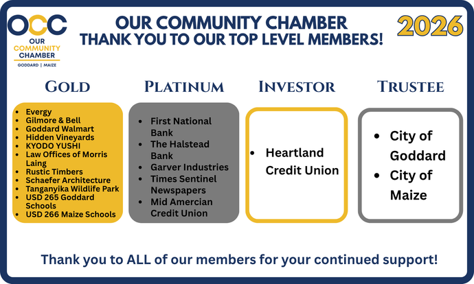 Community Chamber thank you graphic, listing gold, platinum, and trustee members.