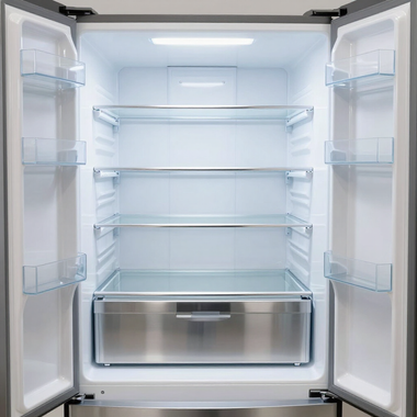 Open refrigerator with empty shelves and a bottom freezer drawer, white interior and glass shelves.