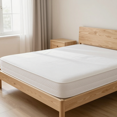 Minimalist bedroom with a light wood bed, white mattress, and matching nightstand by a window