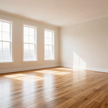 Bright empty room with hardwood floors and three tall windows casting sunlight on the wall