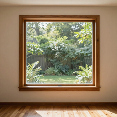 Wood-framed window overlooking a green backyard garden, with sunlight and wooden floor inside.