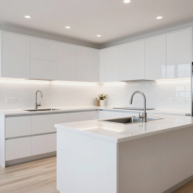Bright modern white kitchen with island, built-in sink, and sleek cabinetry