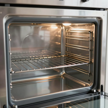 Stainless steel oven interior with wire racks and a warm light on inside