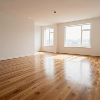 Empty sunlit room with hardwood floors and large windows
