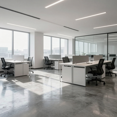 Modern open office with desks, chairs, and large windows in bright natural light
