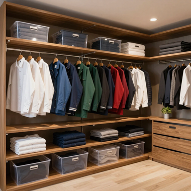 Neatly organized closet with hanging shirts, folded clothes, and storage bins on wooden shelves.