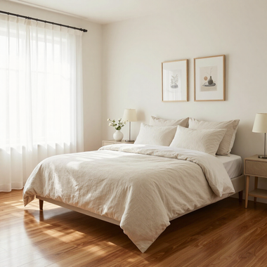 Bright minimalist bedroom with a white bed, wood floors, sheer curtains, and framed wall art.