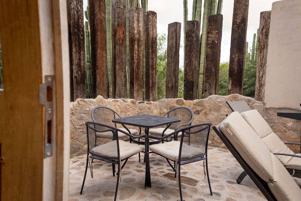 Outdoor patio with black table, chairs, and cacti background.