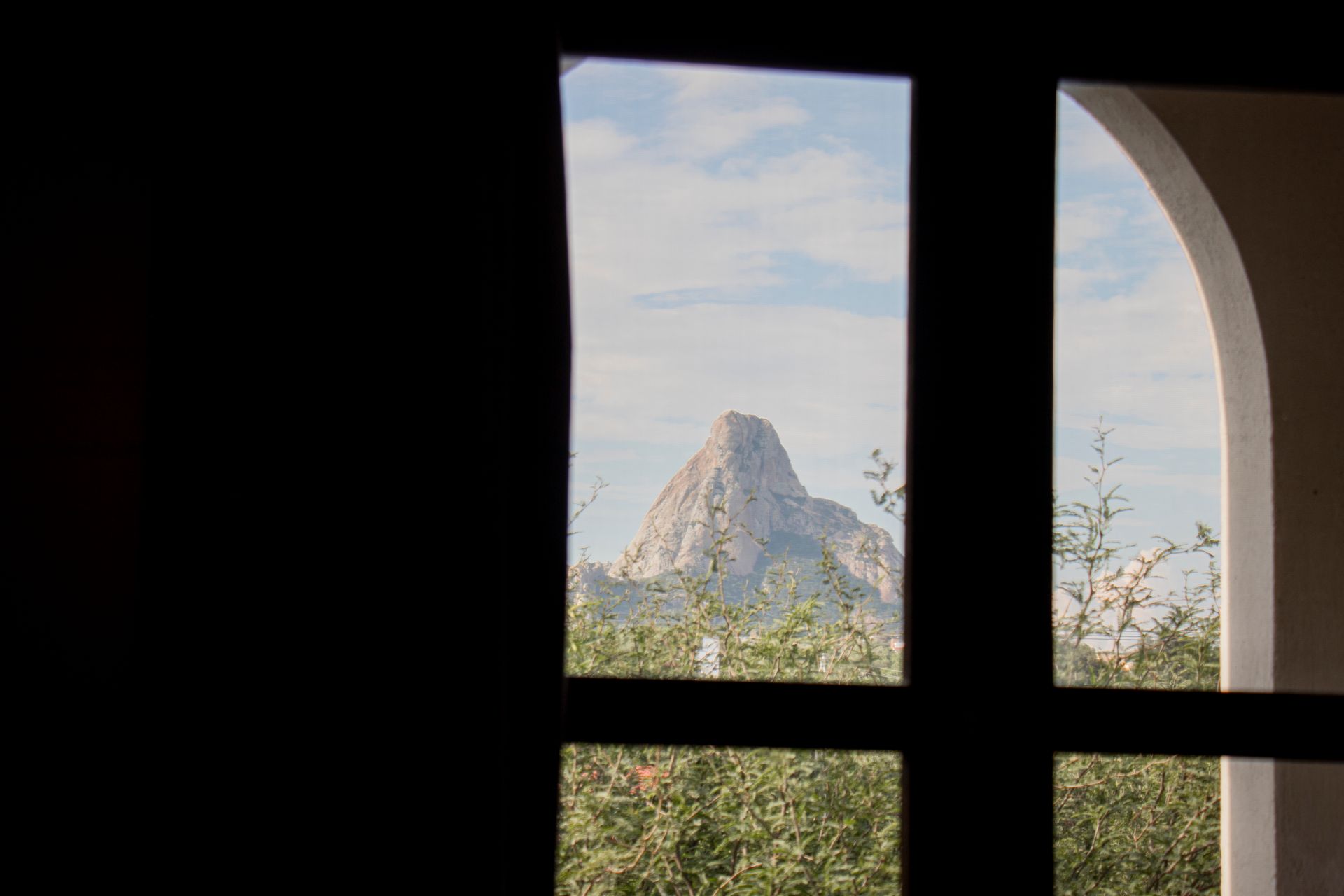 View of mountain peak through a window. Green foliage in foreground, blue sky.