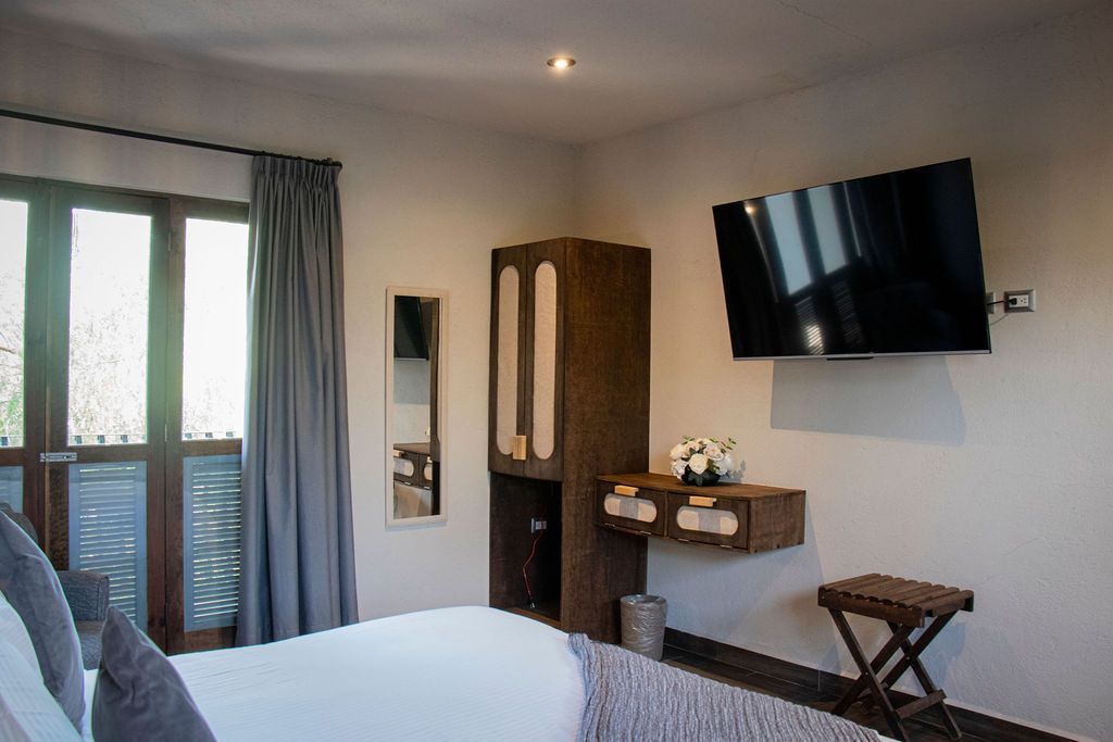 Bedroom with bed, wardrobe, TV, and window with gray curtains.