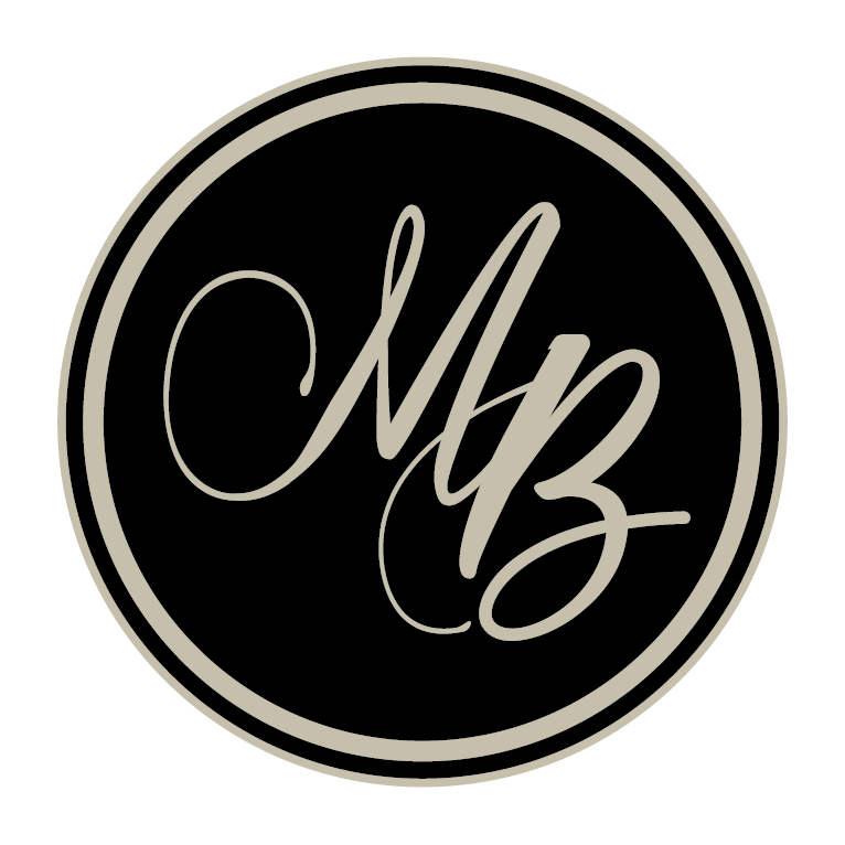 Black circle logo with beige border. Beige script initials 