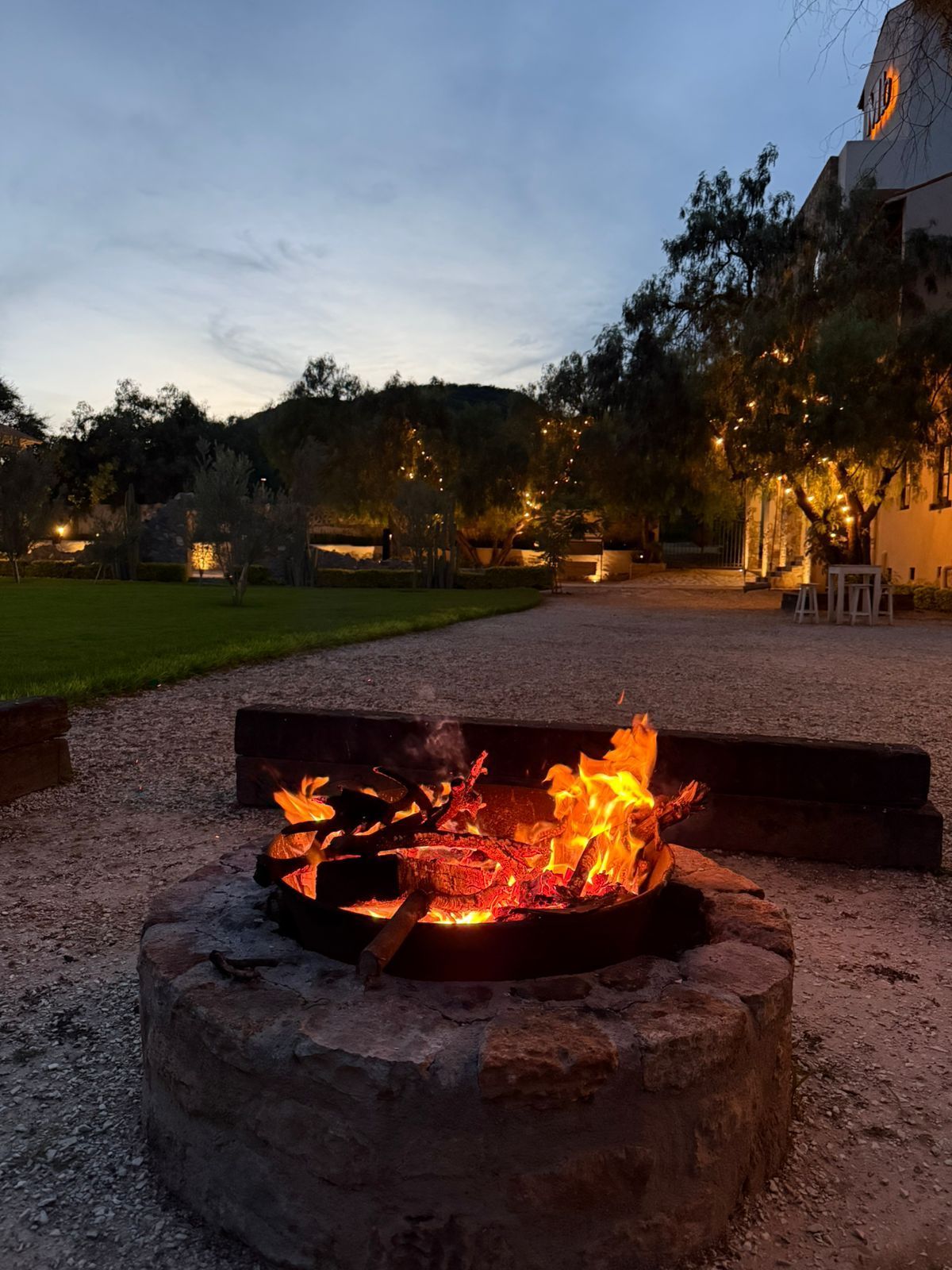 Fire pit burning in a stone enclosure; trees and buildings in the background illuminated by string lights.