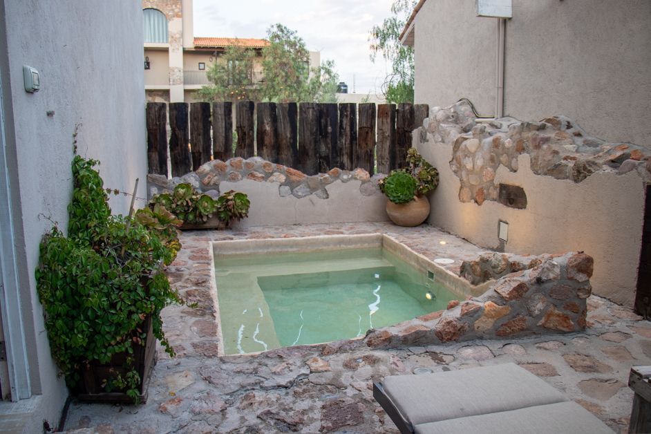 Small outdoor pool surrounded by stone and plants, with a wooden fence.
