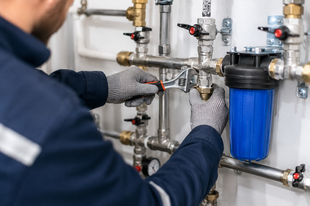 Un tecnico stringe i raccordi idraulici accanto a un filtro per l'acqua blu su un sistema di tubature a parete.