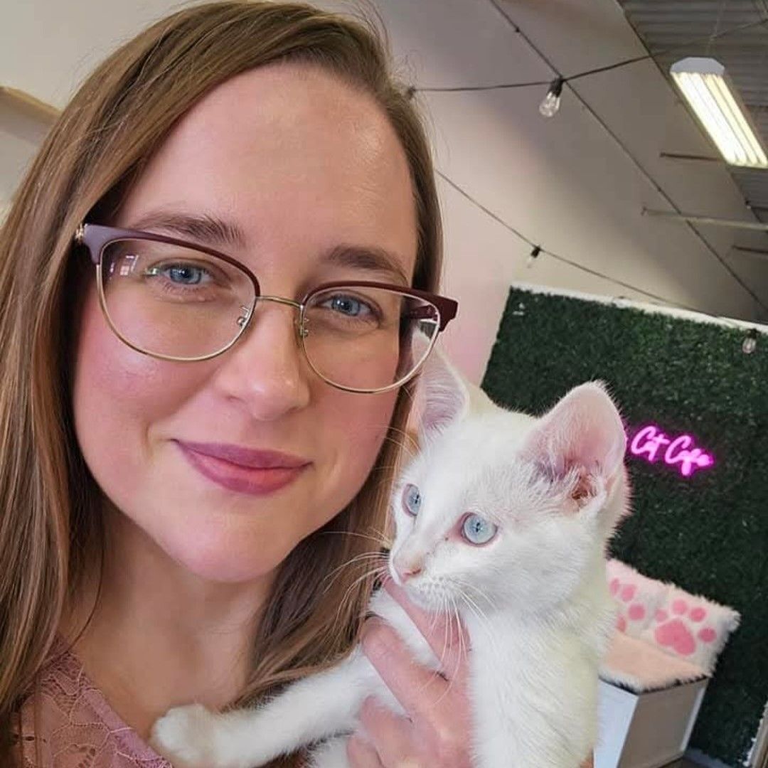 A woman wearing glasses is holding a white kitten.